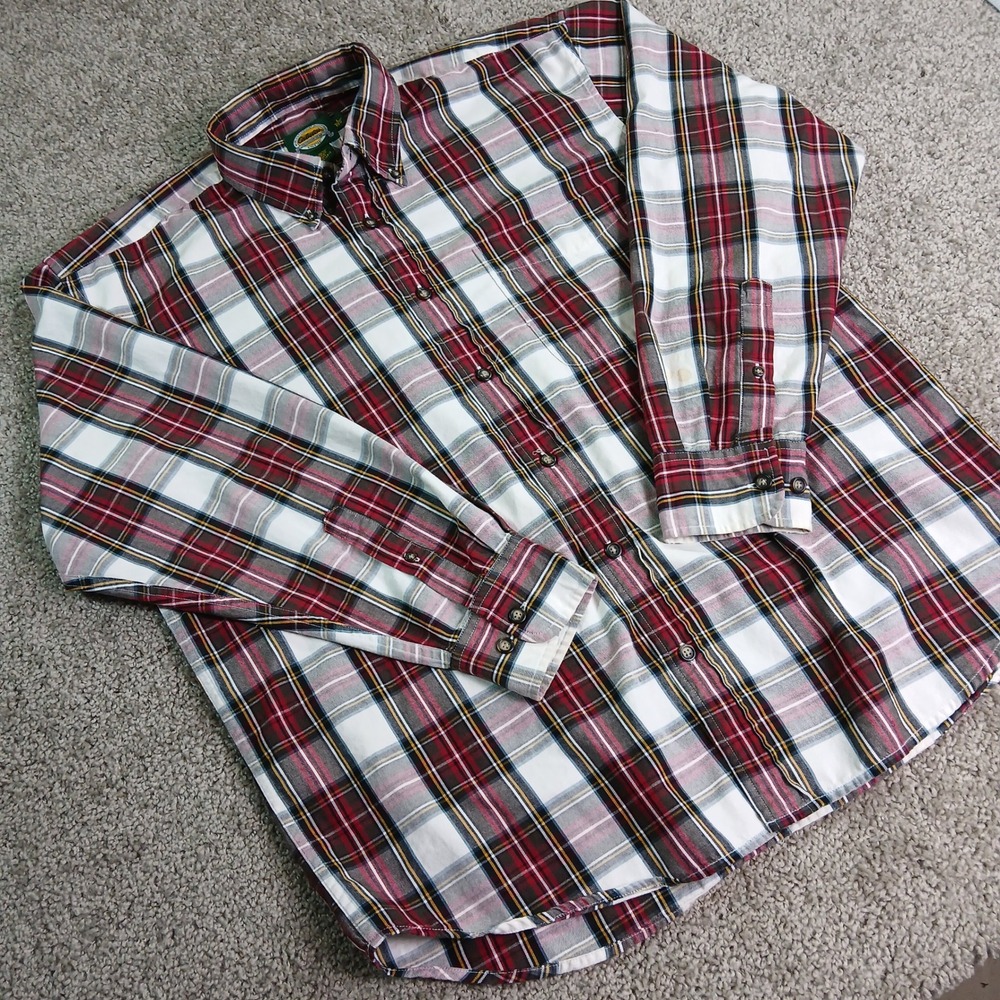 Cabelas Mens Large Red White Plaid Cotton Button Down Long Sleeve Shirt L REG